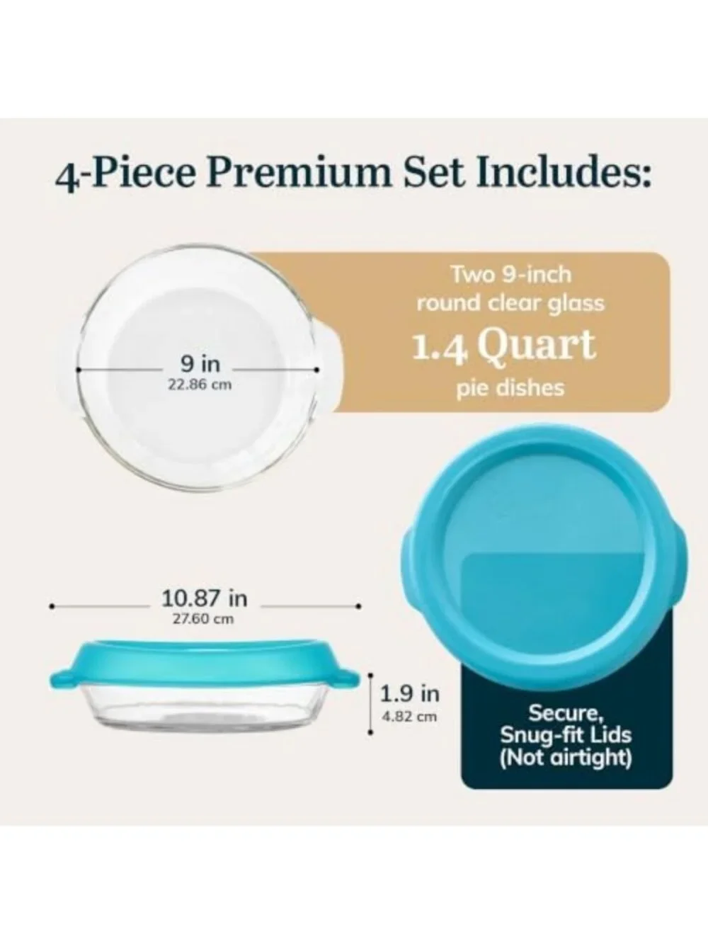 Stackable Glass Pie Plate Set - 2 Piece Casserole Dish with Lids, Space Saving